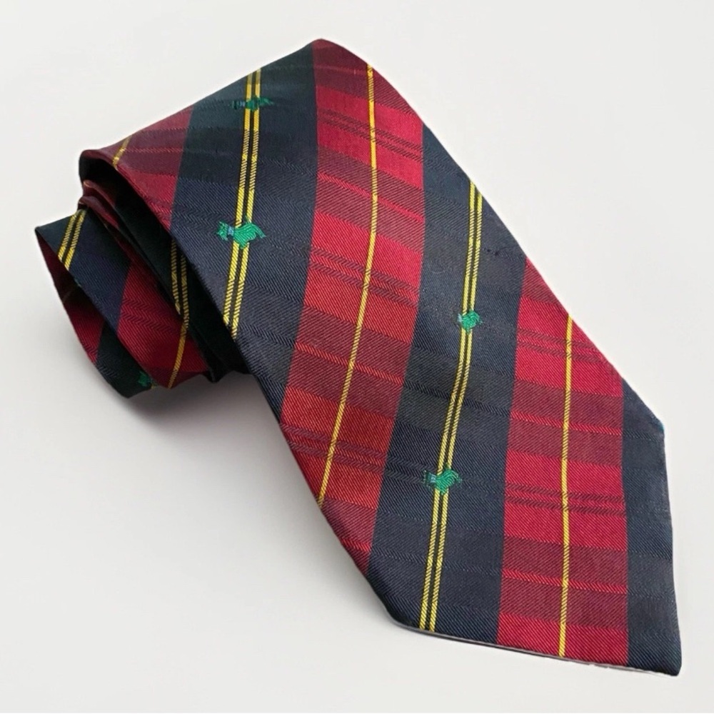 GIANNI DE SANTIS Silk tie Made in Italy Red Plaid w Green Yorkie Designer Preppy